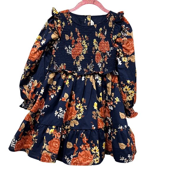 Janie and Jack Other - Janie and Jack Smocked Floral Ruffle Dress, Navy, 4